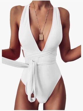 Cupshe White Deep V Wrap One-Piece Swimsuit